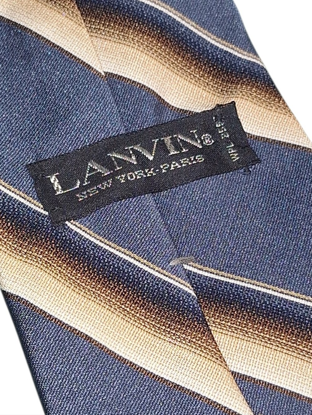Vintage LANVIN Paris Silk Tie Blue Tan Striped Mens Necktie Retro Old Money 70s